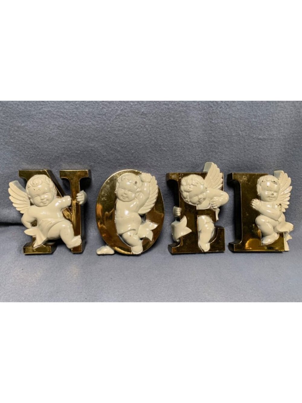 Noel Cherub Wall Plaques Gold Letters & Ivory Angels Burwood Vtg